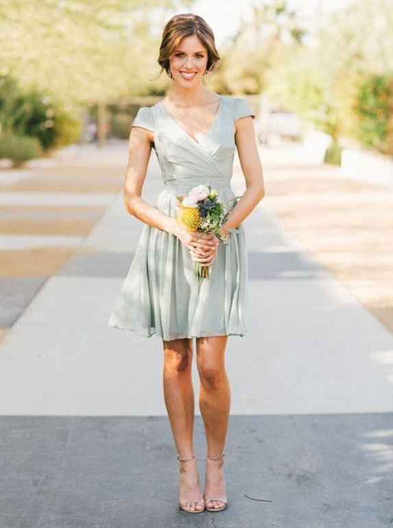 Simple V Neck Cap Sleeve A Line Chiffon Short Bridesmaid Dresses
