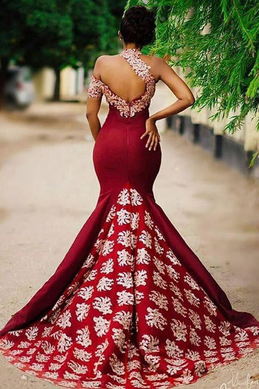 Vintage Halter Appliques Sweep Train Sleeveless Mermaid Prom Dresses P940