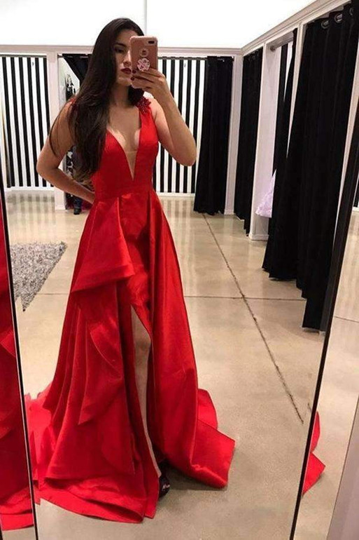 Chic Red Deep V Neck Prom Dresses Formal Party Dresses with Split Side P918