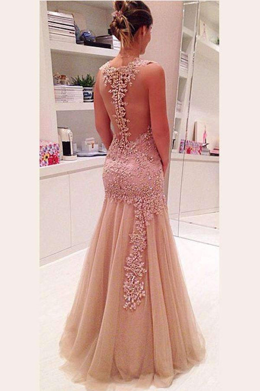 Elegant V Neck Layers Tulle Prom Dress,Sheer Back Appliques Floral Evening Dress OMP31