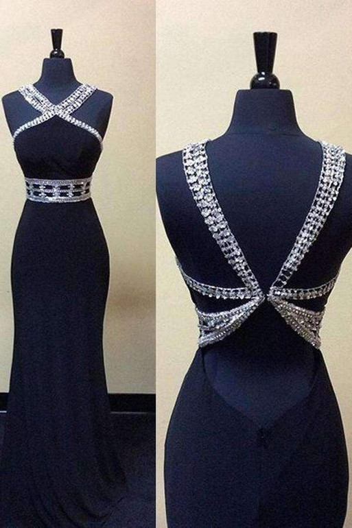 Black Trumpet Floor Length Halter Sleeveless Open Back Beading Prom Dress,Evening Dress P247