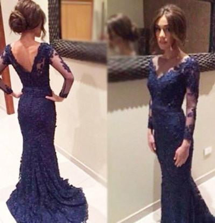 Stunning Long Sleeves V Neck Open Back Lace Long Prom Dress P669
