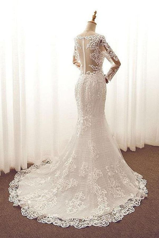 White Mermaid Court Train Long Sleeve Applique Wedding Dress,Perfect Wedding Dress W264