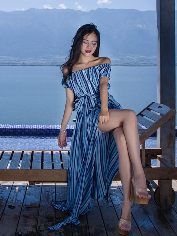 Sexy Flat Shoulder Spliting Maxi Bohemia Beach Dress