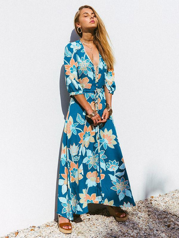 Bohemia Printed V-neck Half Sleeve Maxi Dresses