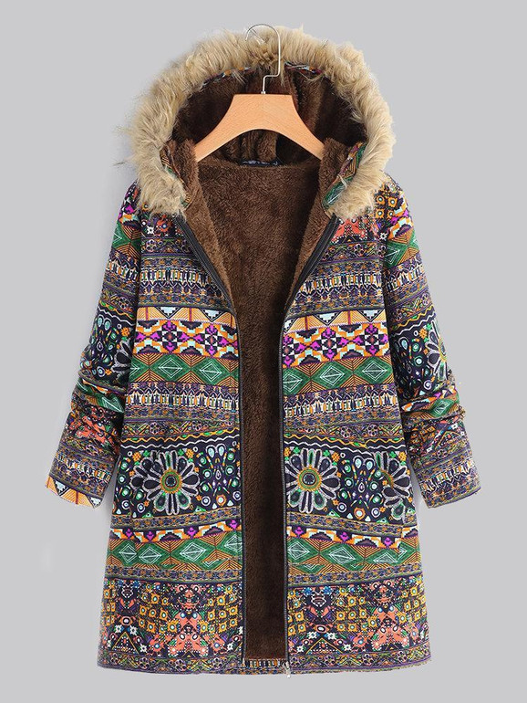 Vintage Boho Floral Printed Long Sleeves Hoodie Quilted Coat