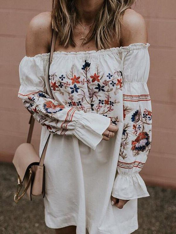 Sexy Print Off-the-shoulder Flared Sleeves Mini Dress