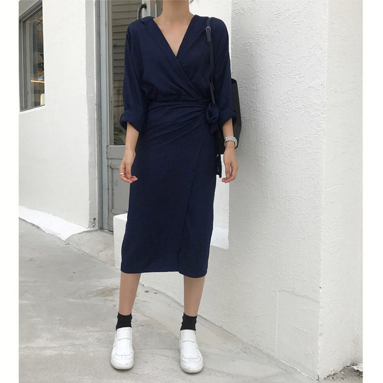 autumn v-neck long sleeve loose waist bandage large size temperament dress