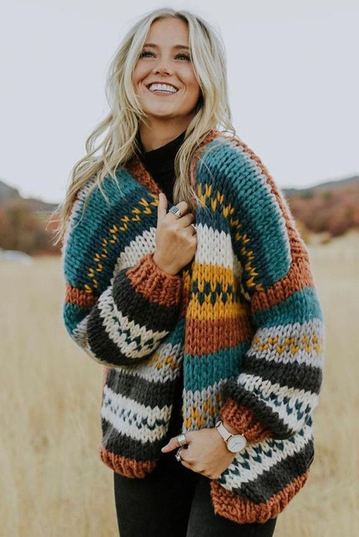 Boho Multicolor Stitching Casual Striped Autumn Winter Cardigan Sweater