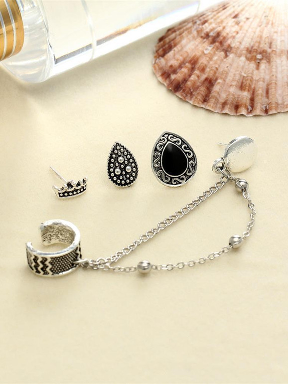4 PCS Vintage Chain Tassels Crown Water Drop Pattern Earrings