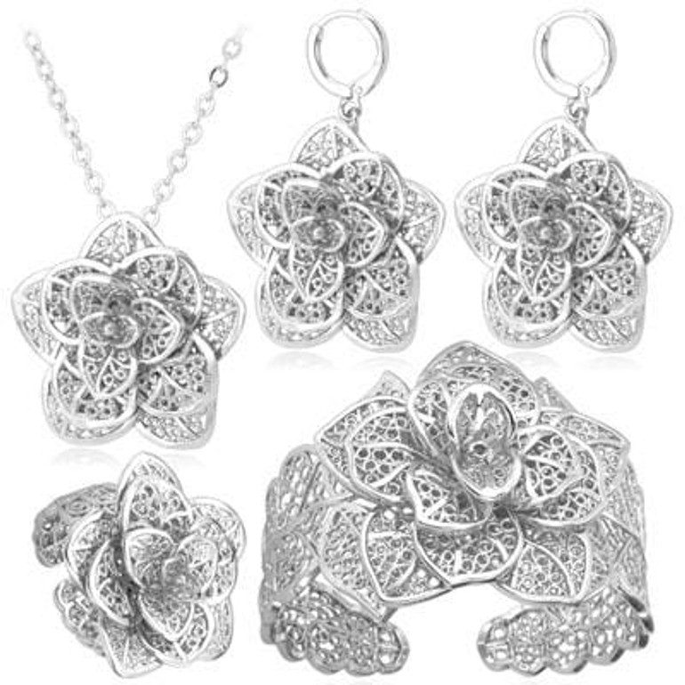 U7 Vintage Big Flower Jewelry Sets Gold Color Necklace Cuff Bracelet Earrings And Ring Bridal