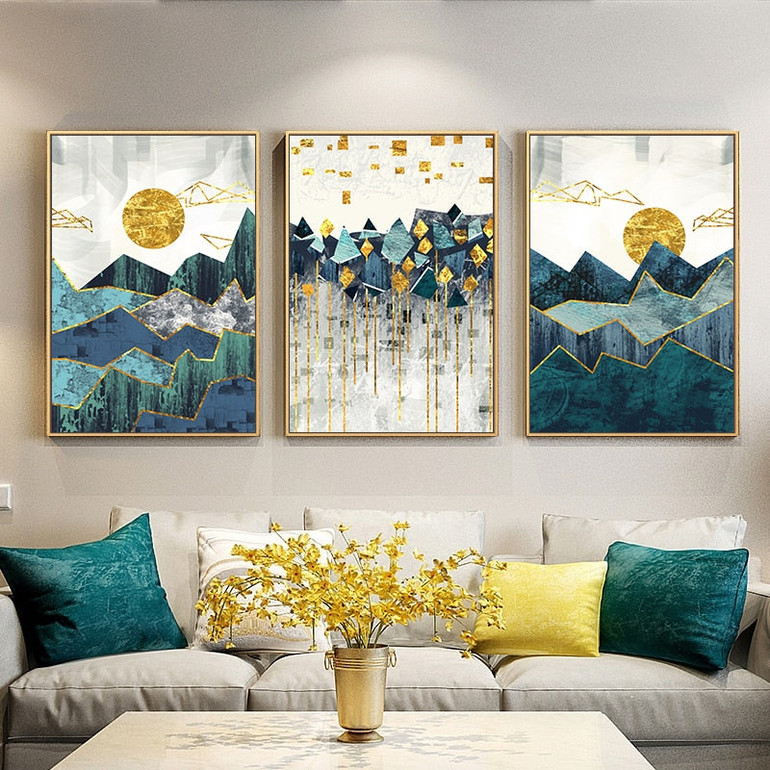 Nordic Abstract Geometric Mountain Landscape Wall Art in Canvas