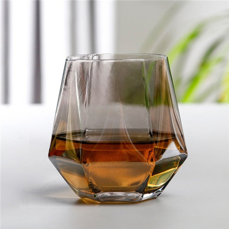 Geometry Whiskey Glass | Diamond Crystal Drinking Glass | Smoky | Golden Rim | Transparent Unicorn Rainbow | Home Bar Drinkware Gifts