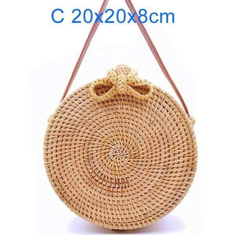 Round Handmade Woven Rattan Beach Cross Body Circle Bohemia Straw Handbag