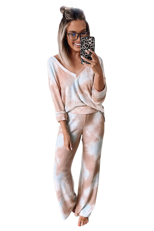 Multicolor Deep V-neck Dropped Shoulder Tie-dye Pajama Set