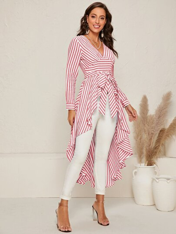 Boulevard belted dip hem blouse - light burgundy