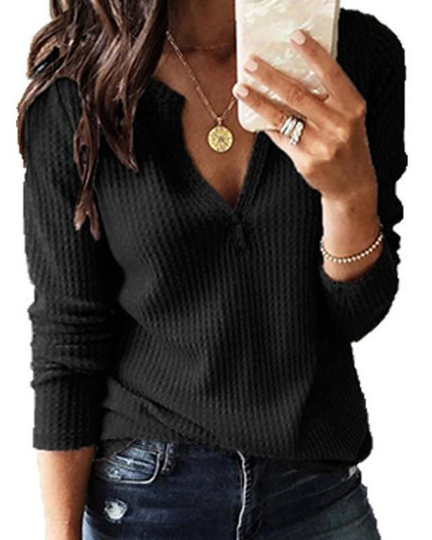 Women's Blouse Shirt Solid Colored Plain Long Sleeve Knitting V Neck Tops Casual Basic Basic Top White Black Red-807