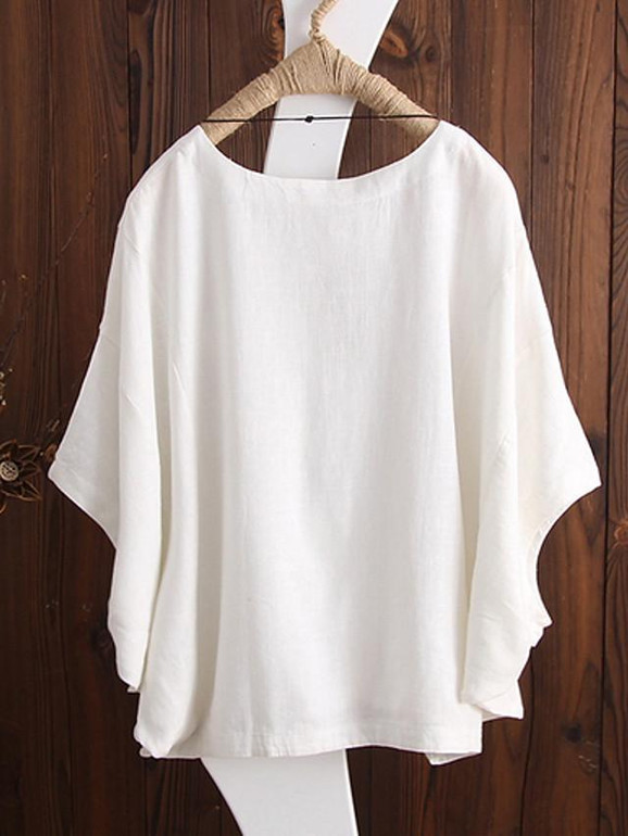 Women's T-shirt Solid Colored Round Neck Tops Loose Cotton Basic Top White Black Blue