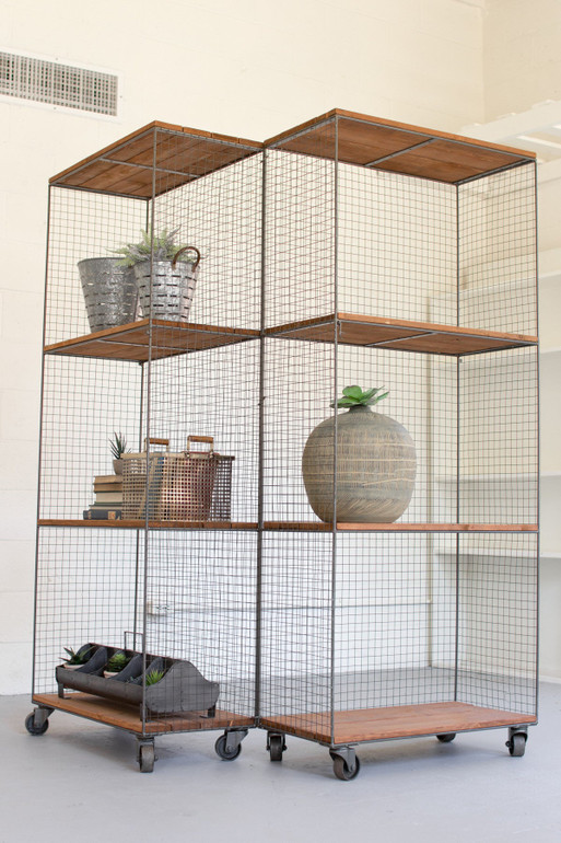 Kalalou Hinged Raw Metal & Honey Wood Shelving Units On Casters CQ6963 Kalalou Hinged Raw Metal & Honey Wood Shelving Units On Casters CQ6963