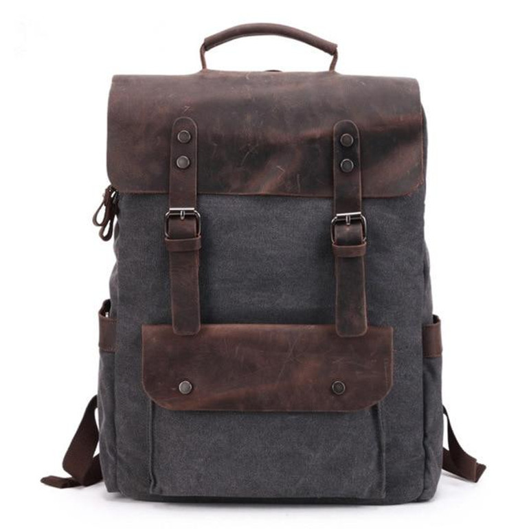 Backpack men waterproof canvas vintage large travel rucksack laptop bag real cow leather college students school bookbag