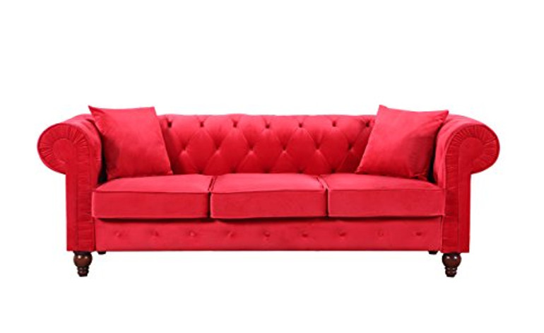 Divano Roma Furniture Velvet Scroll Arm Tufted Button Chesterfield Style Sofa, Red