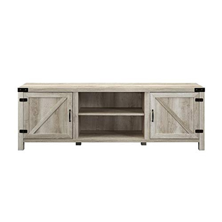 Home Square 4 Piece Farmhouse Barn Door TV Stand Console Coffee Table and 2 End Table Living Room Set in Rustic White Oak