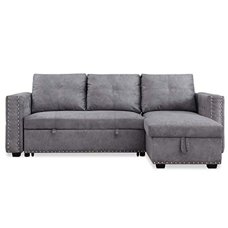 Reversible Sleeper Sectional Sofa -91" Reversible Sleeper Sectional Sofa Nailhead with Storage for Living Room Futon Sofa Bed Couches