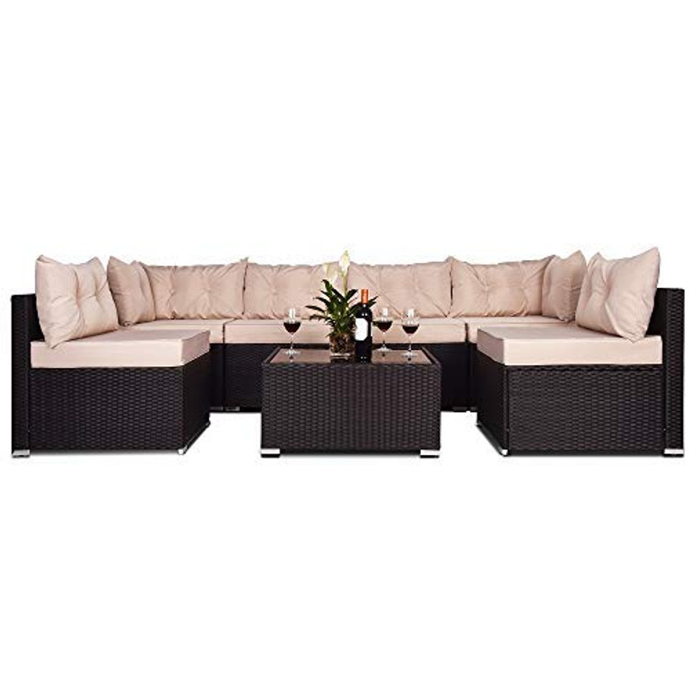 Amolife 7 Pieces Patio PE Rattan Sofa Set Outdoor Sectional Black Furniture Wicker Chair Conversation Set with Tan Cushions and Tea Table