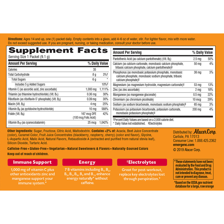 Emergen-C 1000mg Vitamin C Powder, with Antioxidants, B Vitamins and Electrolytes for Immune Support, 30 CT