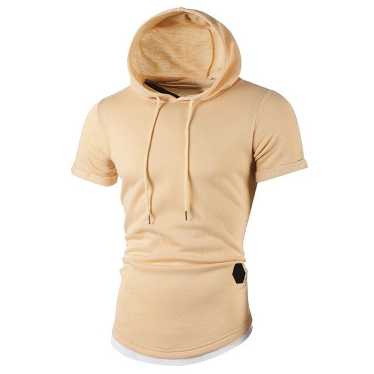 Slim Fit Men T-shirt Casual Solid Color Short Sleeve Hooded