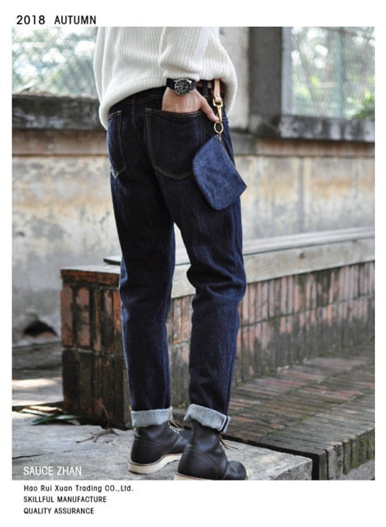 SauceZhan 315XX Slightly Tapered Selvedge Jeans Raw Denim Jeans Unwashed BLUE Jeans 14.5 Oz Motorcycle Jeans Jeans Men