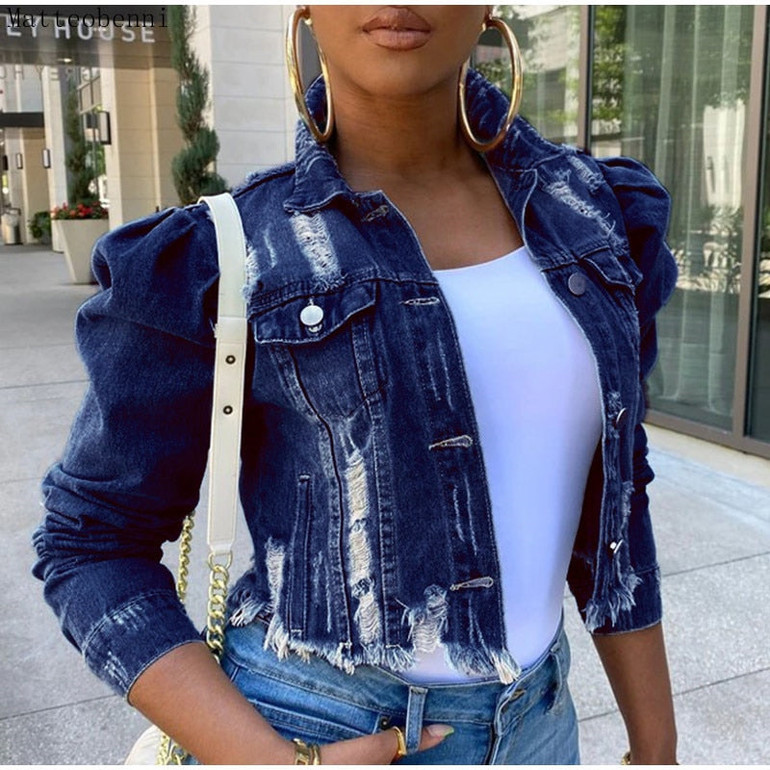 Autumn Women Sexy Ripped Denim Jackets 2020 Vintage Casual Short Jean Jacket Puff Sleeve Winter Female Coat Streetwear Plus Size