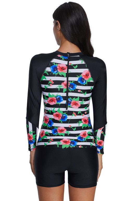 Striped Floral Patchwork Long Sleeve One-piece Swimsuit