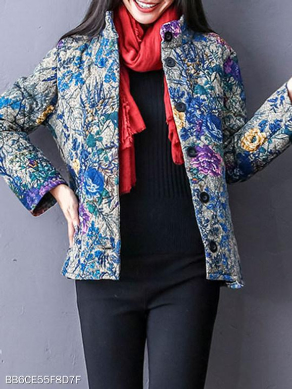 Band Collar Single Breasted Floral Coat