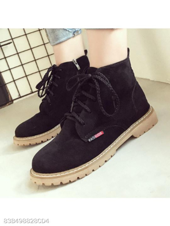 Plain Flat Velvet Criss Cross Round Toe Outdoor Flat Boots