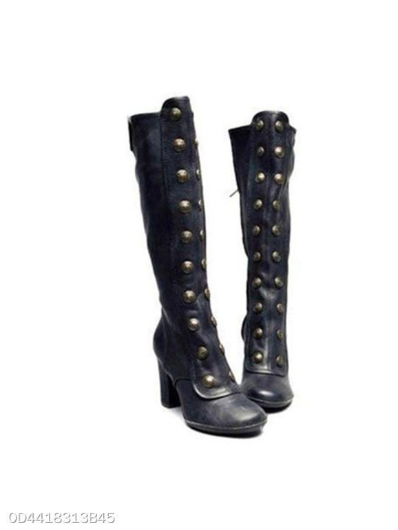 Plain Chunky High Heeled Round Toe Date Outdoor Knee High High Heels Boots