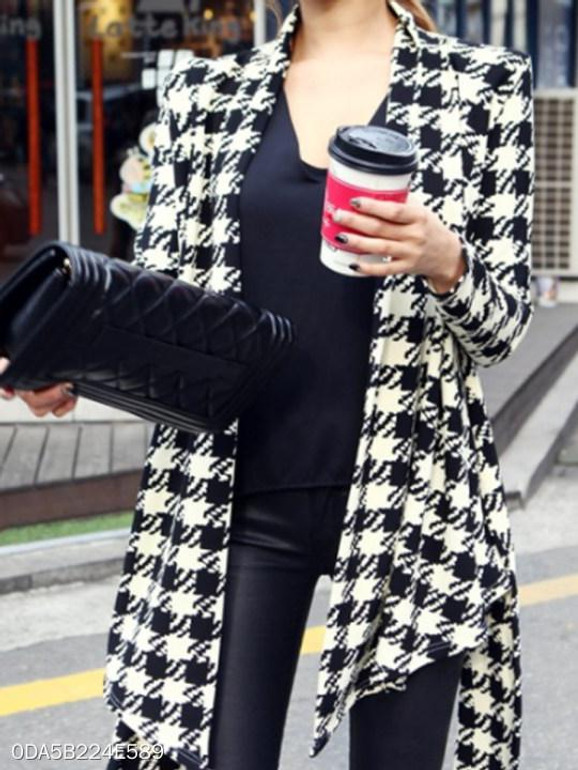 V Neck Asymmetric Hem Belt Houndstooth Trench Coat