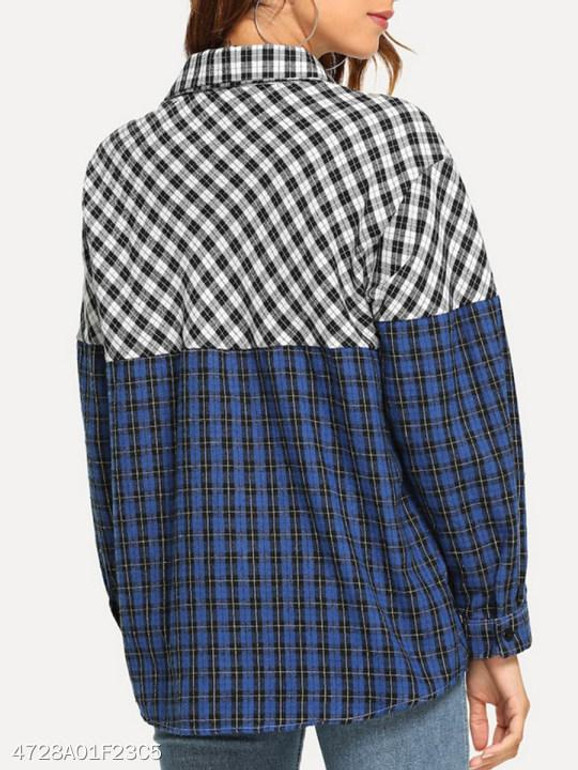Turn Down Collar Loose Fitting Patchwork Checkered Blouses