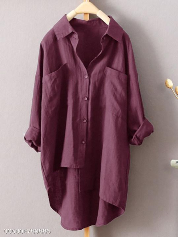 Turn Down Collar Loose Fitting Single Breasted Plain Blouses