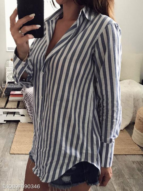 Turn Down Collar Asymmetric Hem Vertical Striped Long Sleeve Blouses