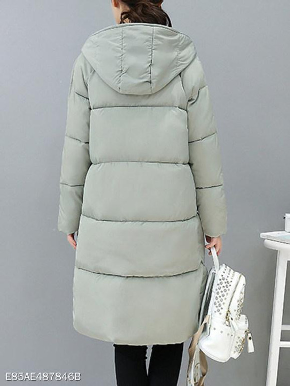 Hooded Pocket Quilted Plain Longline Padded Coat