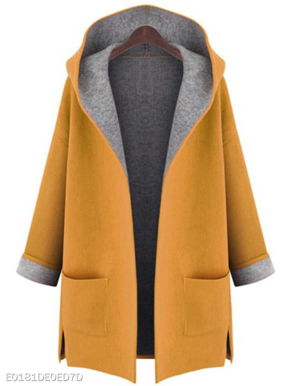 Hooded Patch Pocket Side Slit Color Block Roll Up Sleeve Coats