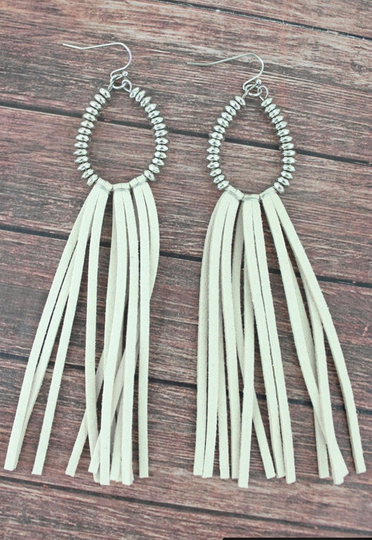 Ivory and Silvertone  ended Teardrop Tassel Earrings
