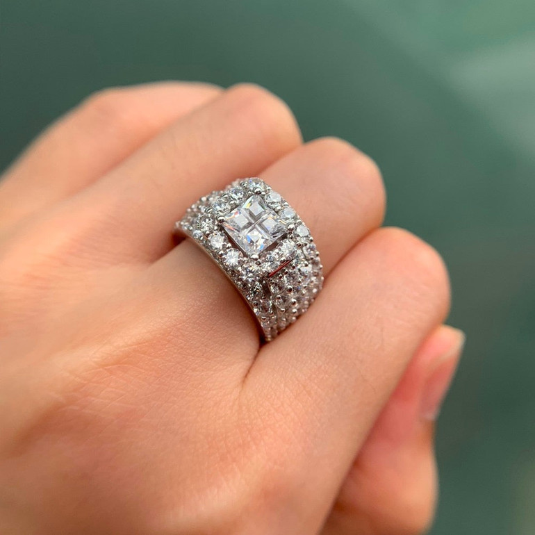 Wedding Rings For Women 4 Carats Cross Cut AAA Zirconia Classic Jewelry 925 Sterling Silver Engagement Ring Set