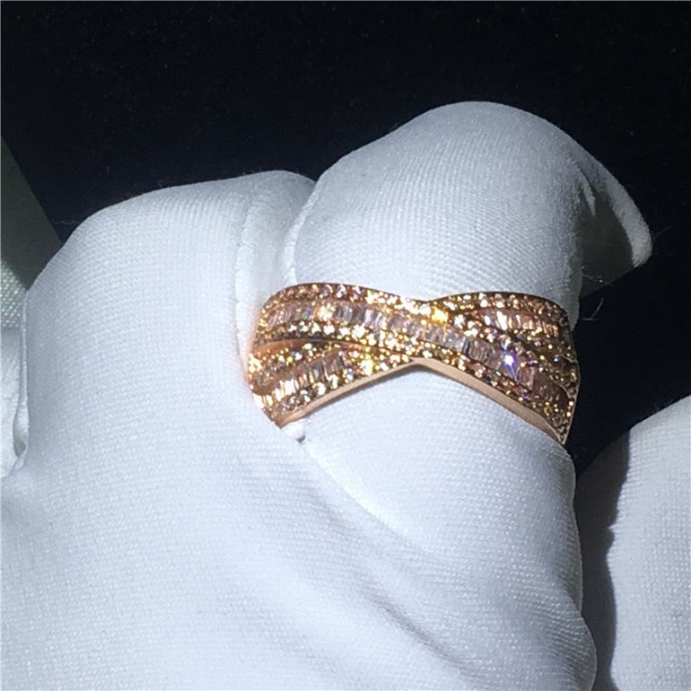 Handmade Cross Party Ring 5A Zircon Cz Rose Gold Filled 925 Silver Engagement Wedding Band Rings for Women Jewelry