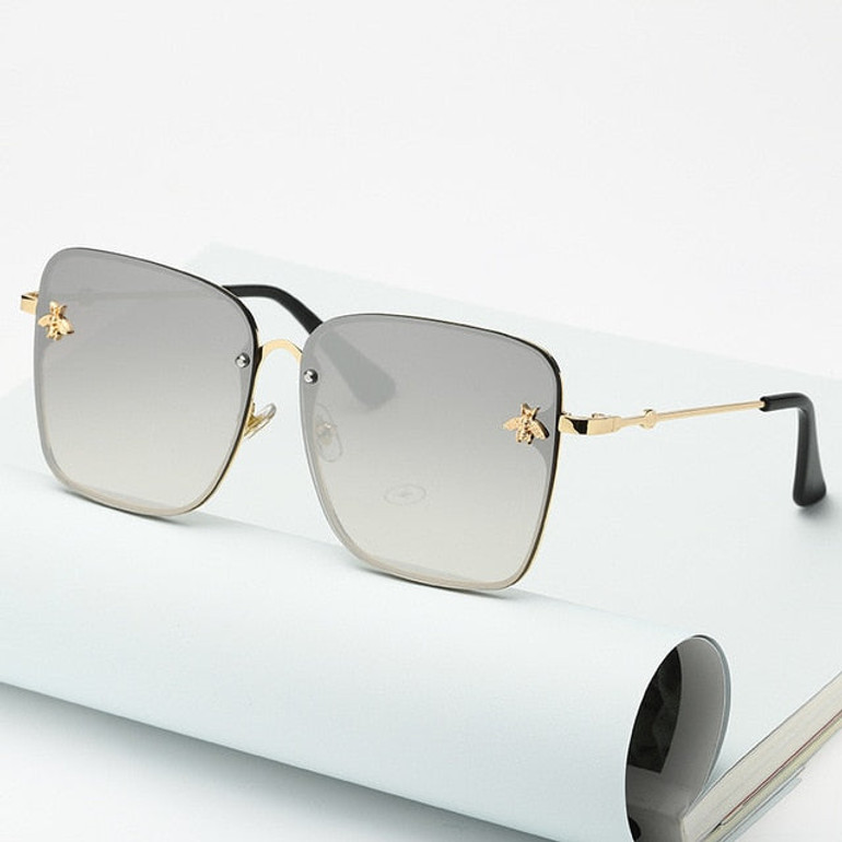 New Fashion Lady Oversize Rimless Square Bee Sunglasses Women Men Small Bee Glasses Gradient Sun Glasses Female UV400