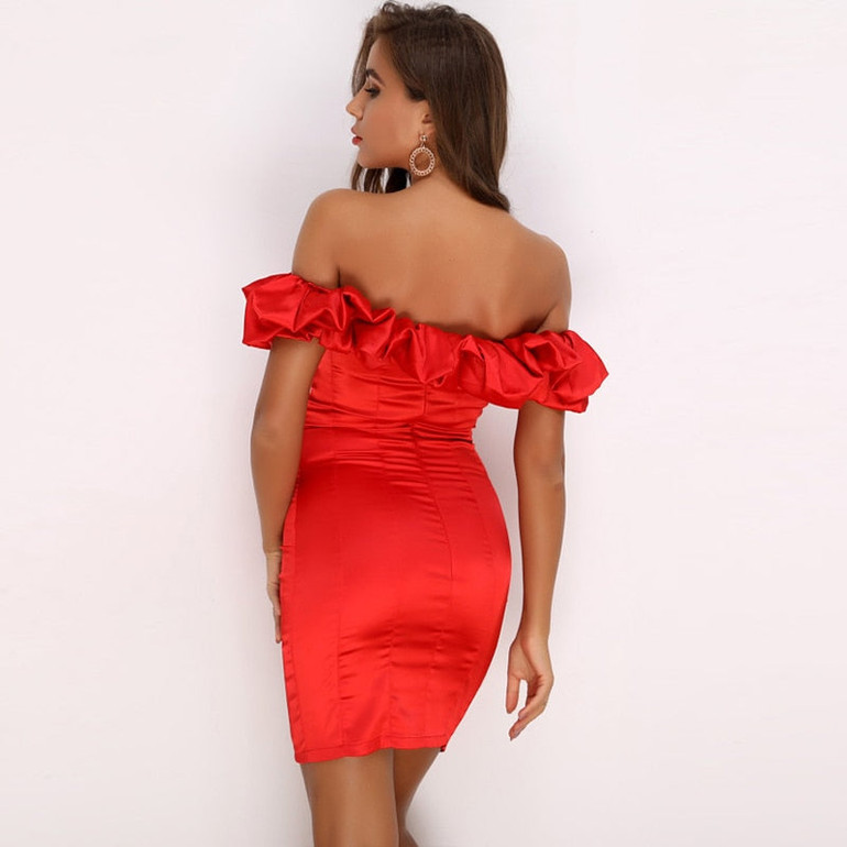 Satin Ruffles Neckline Party Dress