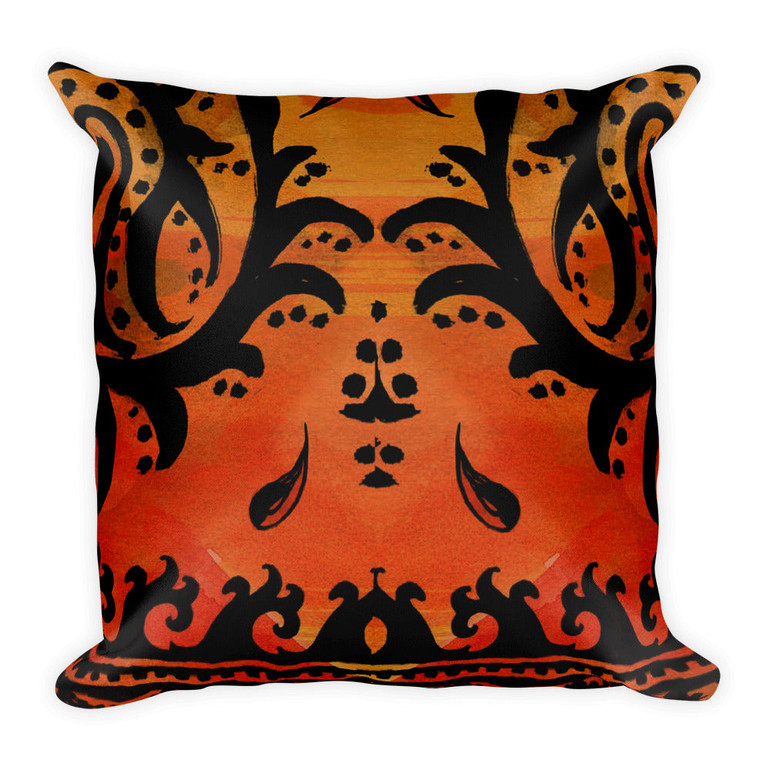 Paisley Border Warm Orange & Black Square Pillow