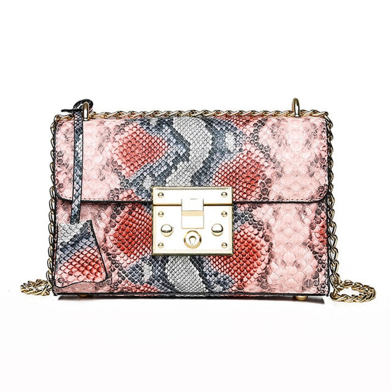 Luxury Multi-Color Reptile Snake Skin Pattern Chain Shoulder Cross-body Bag
