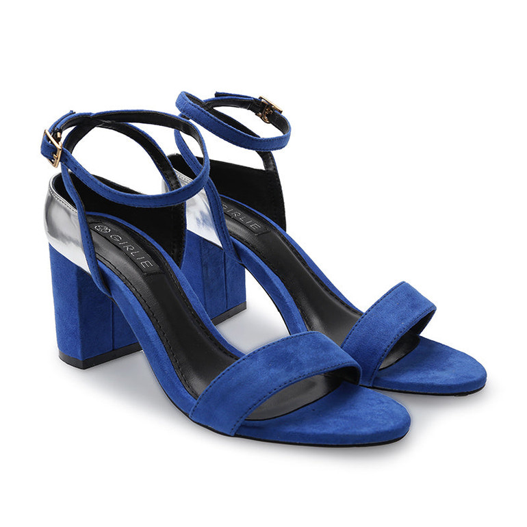Silver Metallic Rear Detail Strap Upper Open Toe Elastic Closure Suede Block Heel Sandals